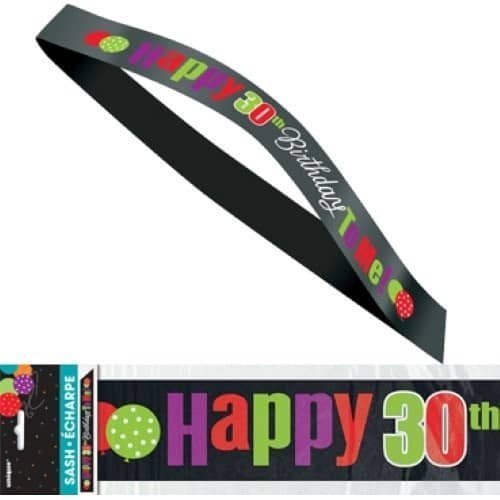 Happy 30th Birthday Black Satin Sash - NextParty