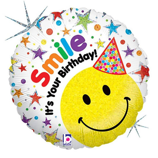 Happy Birthday Holographic Foil Balloon 45cm (18") Smiley Face - NextParty