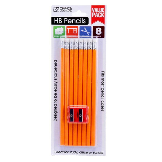 HB Pencils With Eraser 18cm 8pk (8 Pencils & 2 Pencil Sharpeners) - NextParty