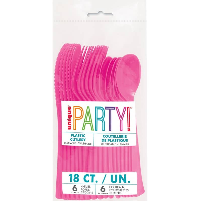 Hot Pink Solid Colour Plastic Assorted Cutlery 18pk Reusable - NextParty