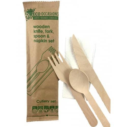 Individual Cutlery Set 4pcs (Wooden Fork, Spoon, Knife, Napkin) - NextParty