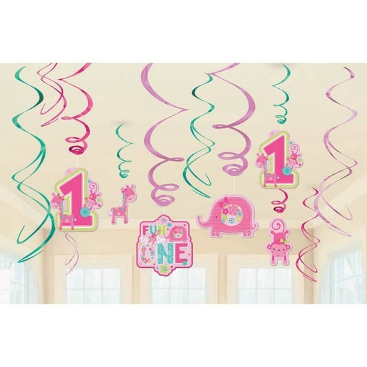 Jungle One Wild Girl 1st Birthday Party Hanging Swirl Decorations 12 - Pack - NextParty