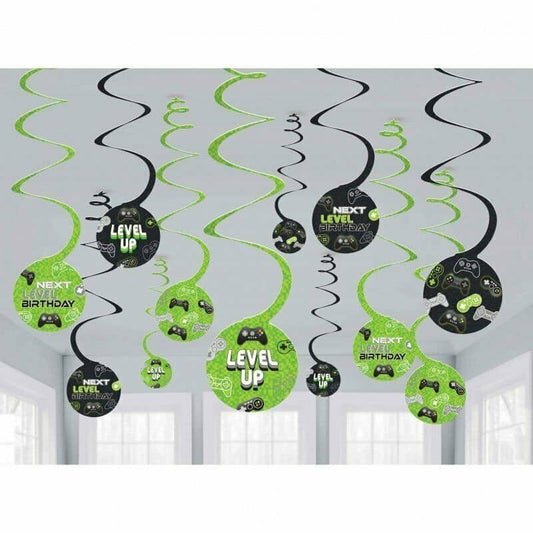 Level Up Gaming Party Hanging Swirl Decorations 12pk - NextParty