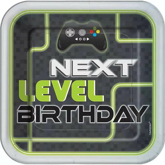 Level Up Video Gaming Party Large Square Plates 23CM (9") 8pk - NextParty