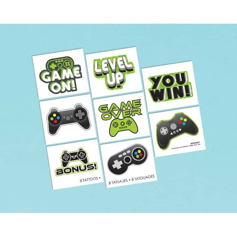 Level Up Video Gaming Party Temporary Fake Tattoos 8PCS - NextParty