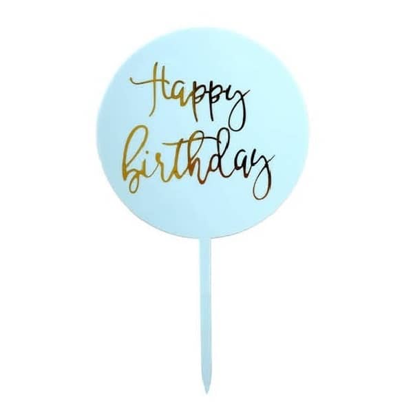 Light Blue & Gold Happy Birthday Round Cake Topper - NextParty