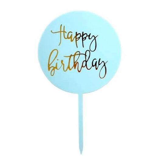 Light Blue & Gold Happy Birthday Round Cake Topper - NextParty