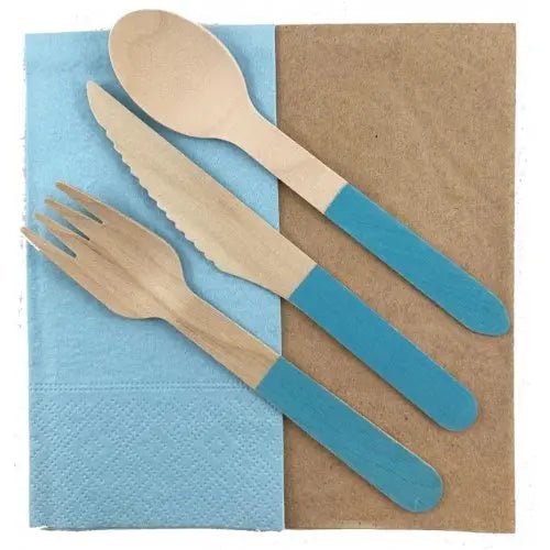 Light Blue Wooden Cutlery Set 30pk Assorted - NextParty