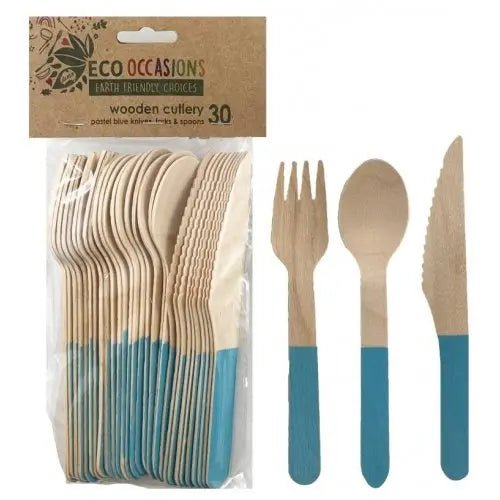 Light Blue Wooden Cutlery Set 30pk Assorted - NextParty