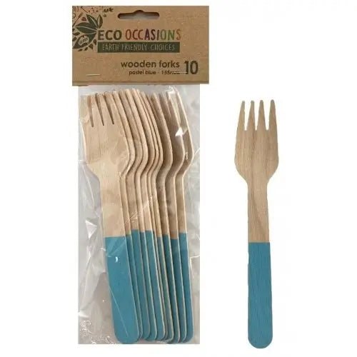 Light Blue Wooden Forks 155mm 10pk Cutlery Pack - NextParty