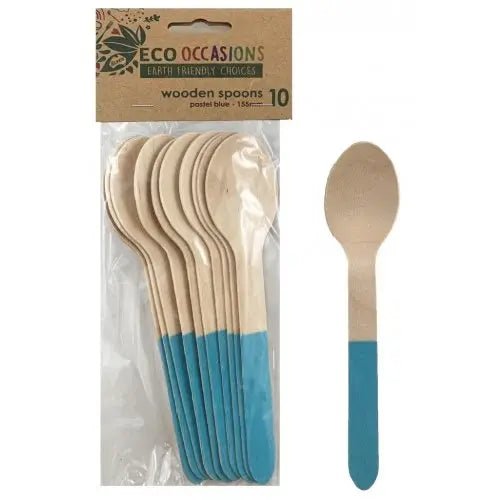 Light Blue Wooden Spoons 155mm 10pk Cutlery Pack - NextParty