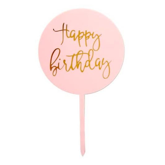 Light Pink & Gold Happy Birthday Round Cake Topper - NextParty