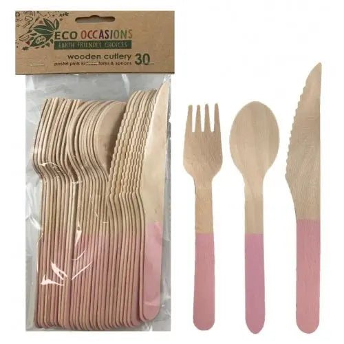 Light Pink Wooden Cutlery Set 30pk Assorted - NextParty