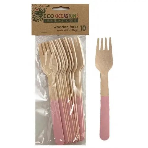 Light Pink Wooden Forks 155mm 10pk Cutlery Pack - NextParty