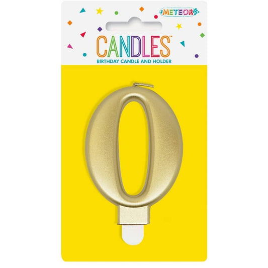 Metallic Gold Numeral Candle "0" With Holder - NextParty