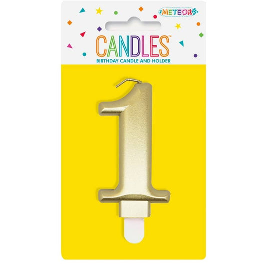 Metallic Gold Numeral Candle "1" With Holder - NextParty