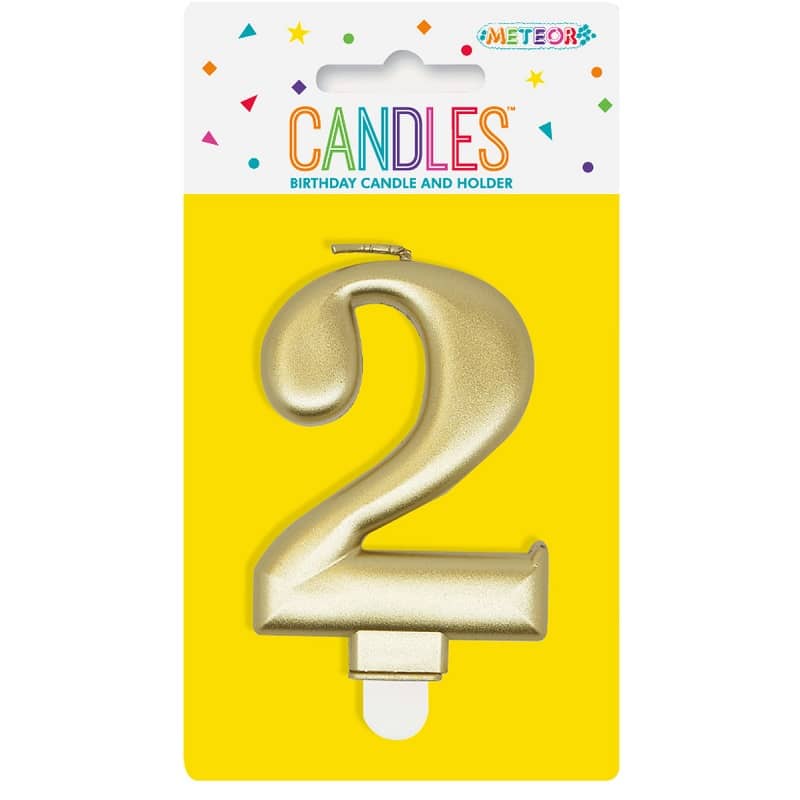 Metallic Gold Numeral Candle "2" With Holder - NextParty