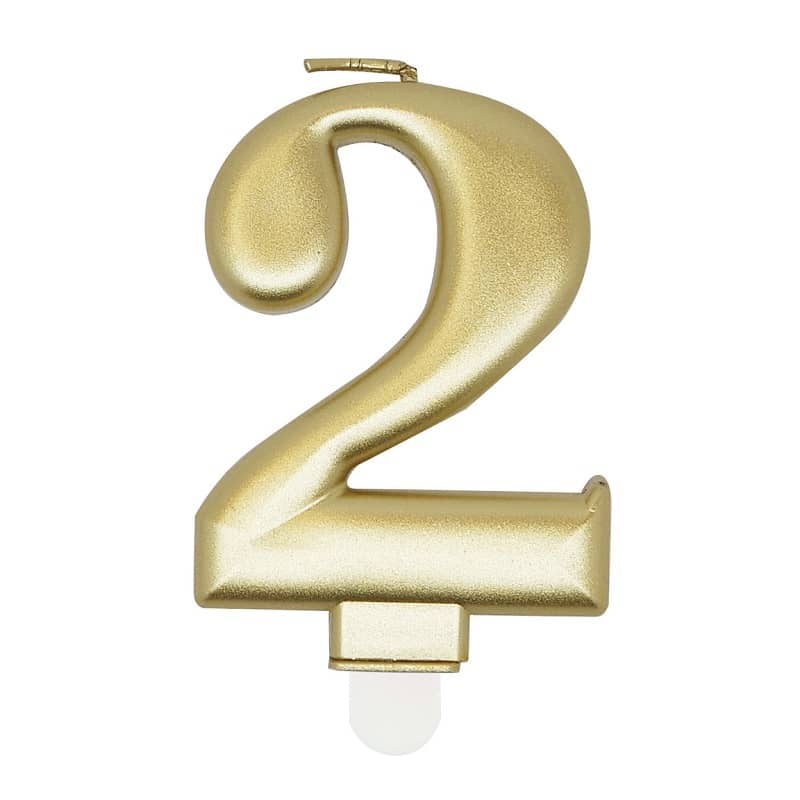 Metallic Gold Numeral Candle "2" With Holder - NextParty