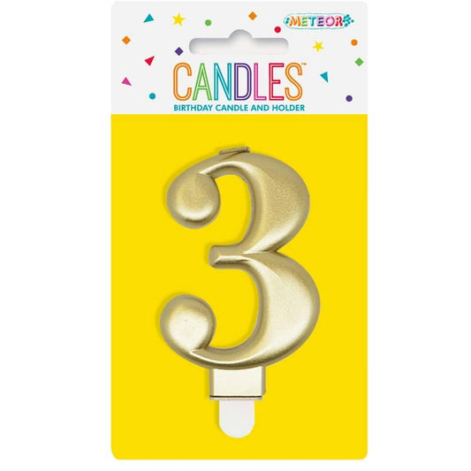 Metallic Gold Numeral Candle "3" With Holder - NextParty