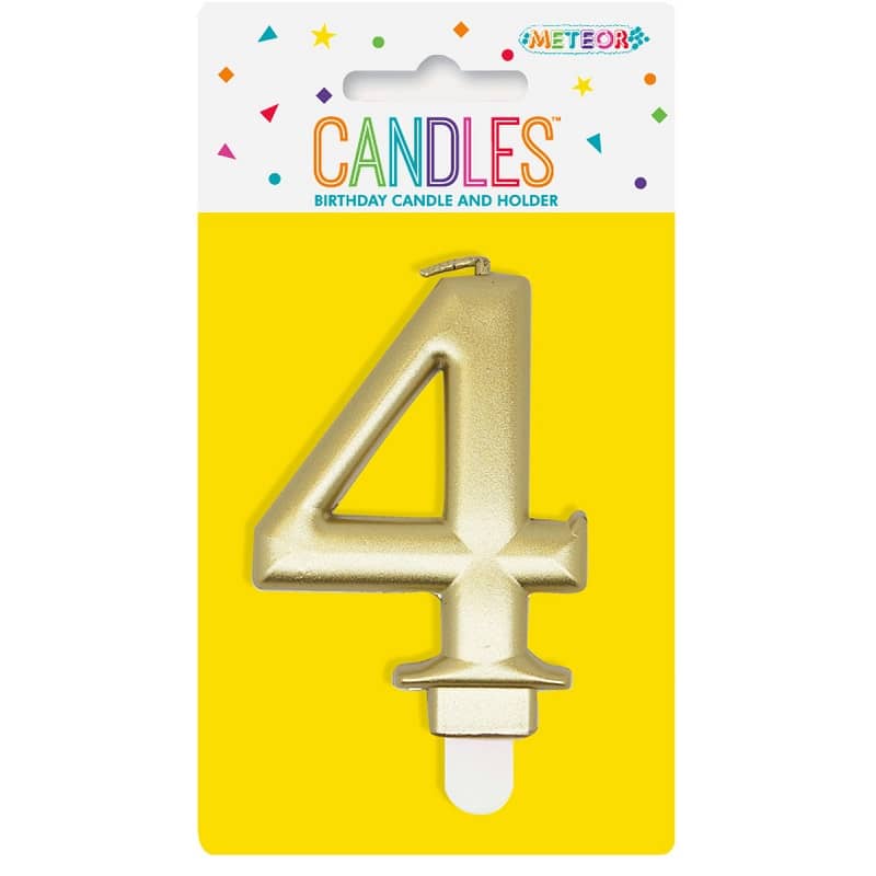 Metallic Gold Numeral Candle "4" With Holder - NextParty