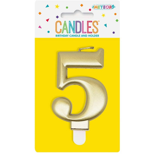 Metallic Gold Numeral Candle "5" With Holder - NextParty