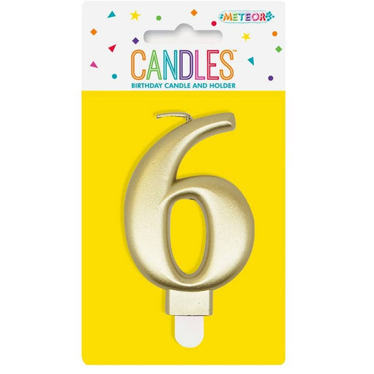 Metallic Gold Numeral Candle "6" With Holder - NextParty