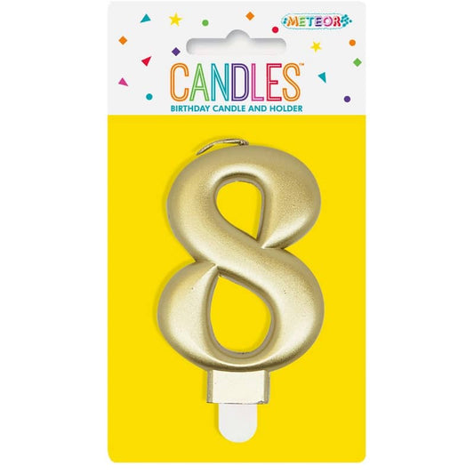 Metallic Gold Numeral Candle "8" With Holder - NextParty