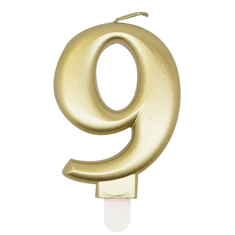 Metallic Gold Numeral Candle "9" With Holder - NextParty