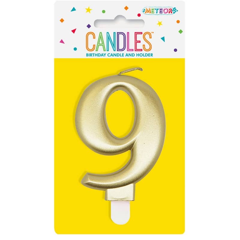 Metallic Gold Numeral Candle "9" With Holder - NextParty