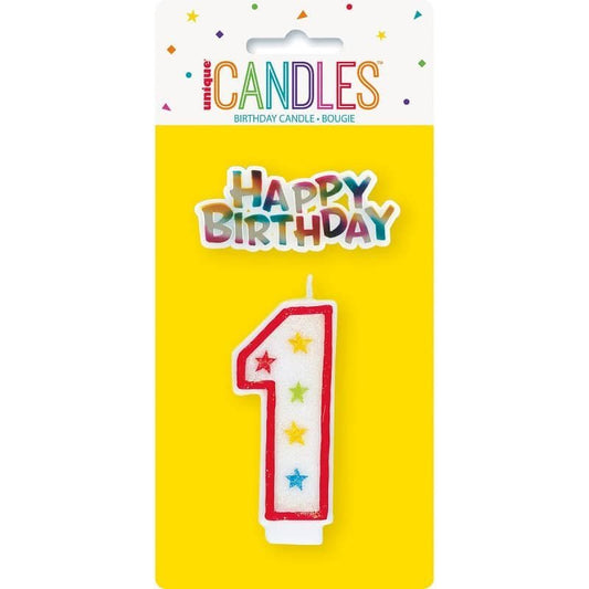 Numeral Candle "1" With Happy Birthday Cake Topper - NextParty