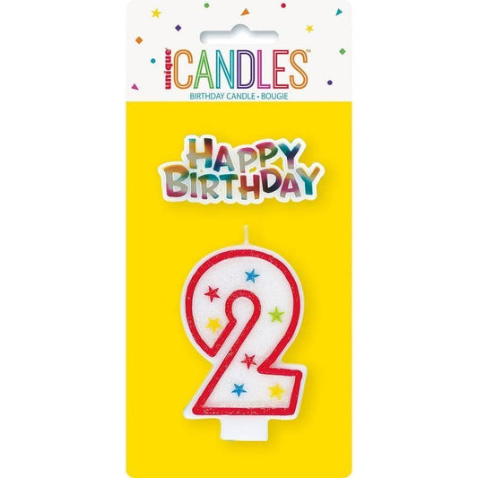 Numeral Candle "2" With Happy Birthday Cake Topper - NextParty