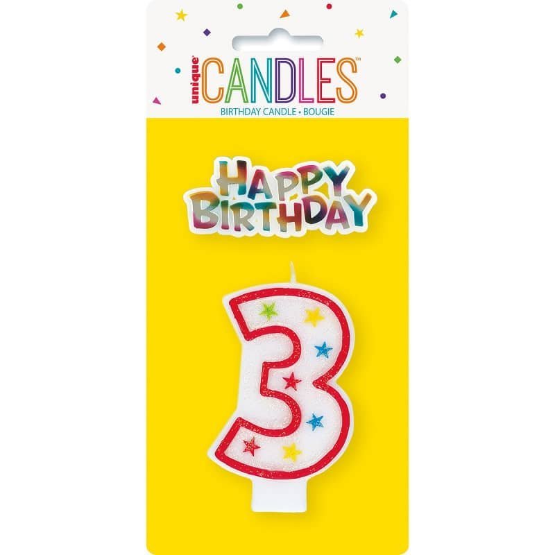 Numeral Candle "3" With Happy Birthday Cake Topper - NextParty