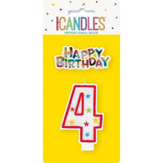 Numeral Candle "4" With Happy Birthday Cake Topper - NextParty