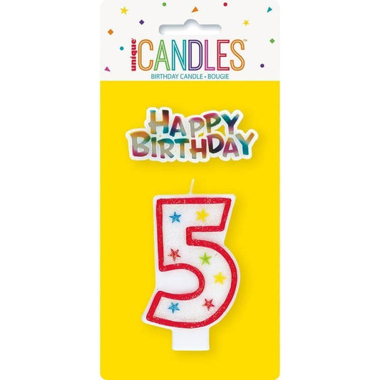 Numeral Candle "5" With Happy Birthday Cake Topper - NextParty