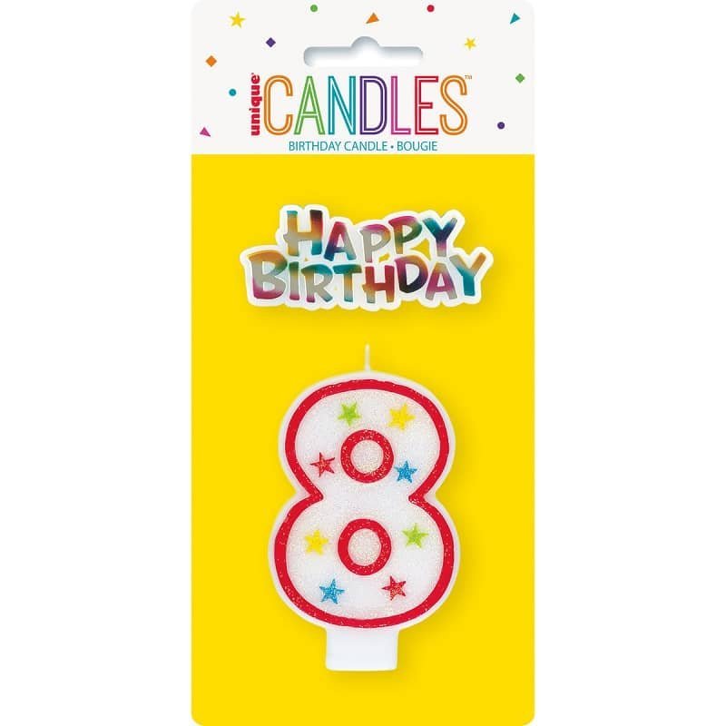 Numeral Candle "8" With Happy Birthday Cake Topper - NextParty