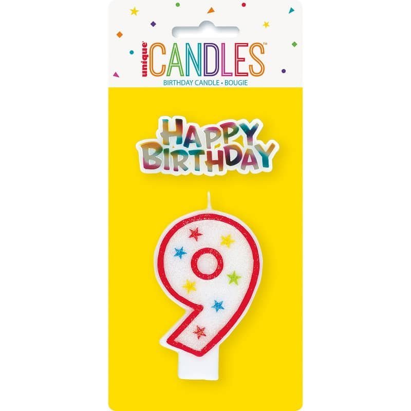 Numeral Candle "9" With Happy Birthday Cake Topper - NextParty