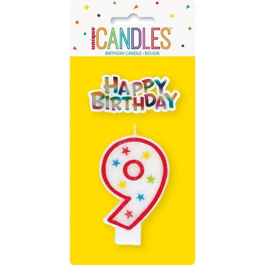 Numeral Candle "9" With Happy Birthday Cake Topper - NextParty