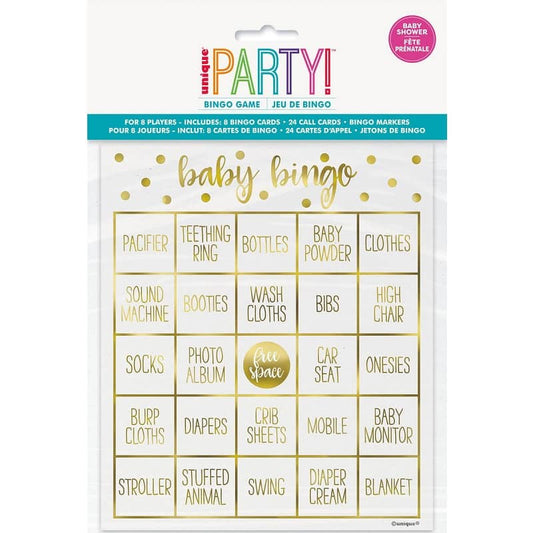 Oh Baby Gold Foil Stamped Bingo Cards Kit For 8 Baby Shower Party Game - NextParty