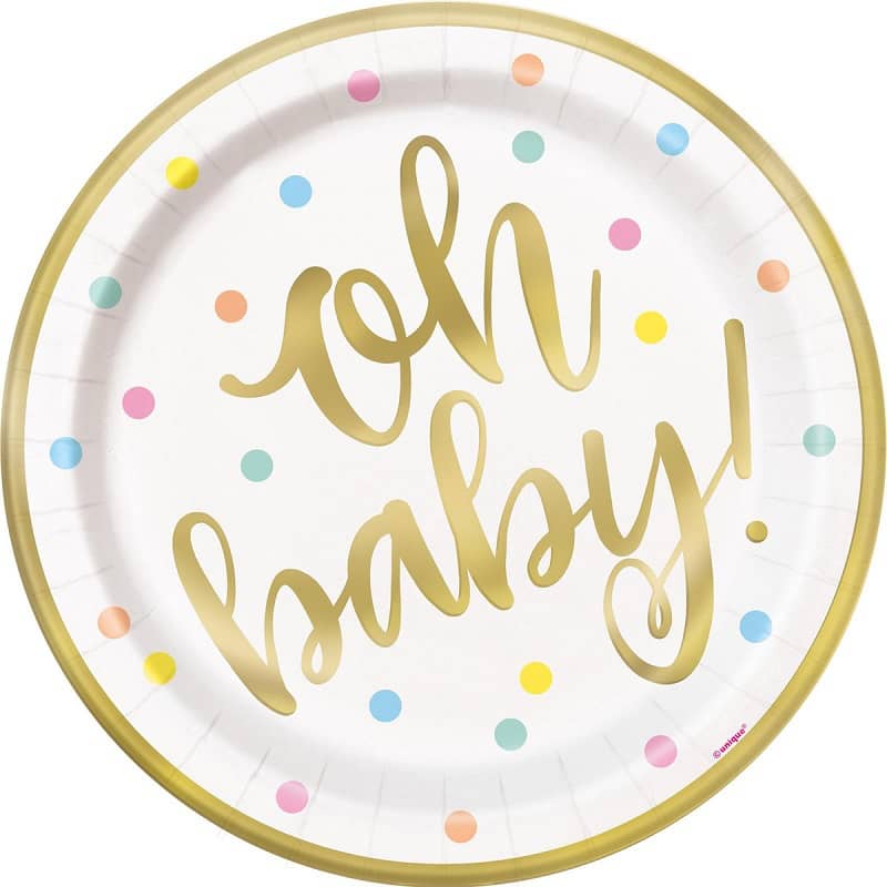 Oh Baby Gold Foil Stamped Large Paper Plates 23cm (9") 8pk - NextParty