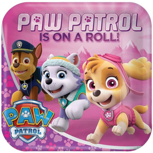 PAW Patrol Large Square Paper Plates 23CM (9") 8pk Girls Pink - NextParty