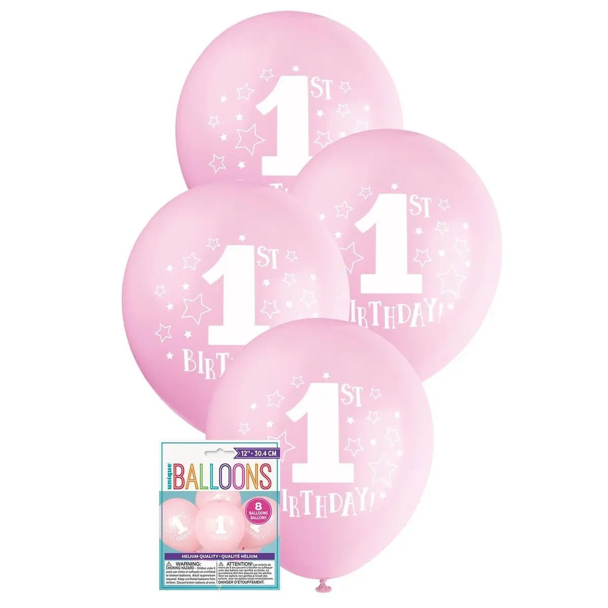 Pink 1st Birthday Stars Latex Balloons 30cm (12") 8pk - NextParty