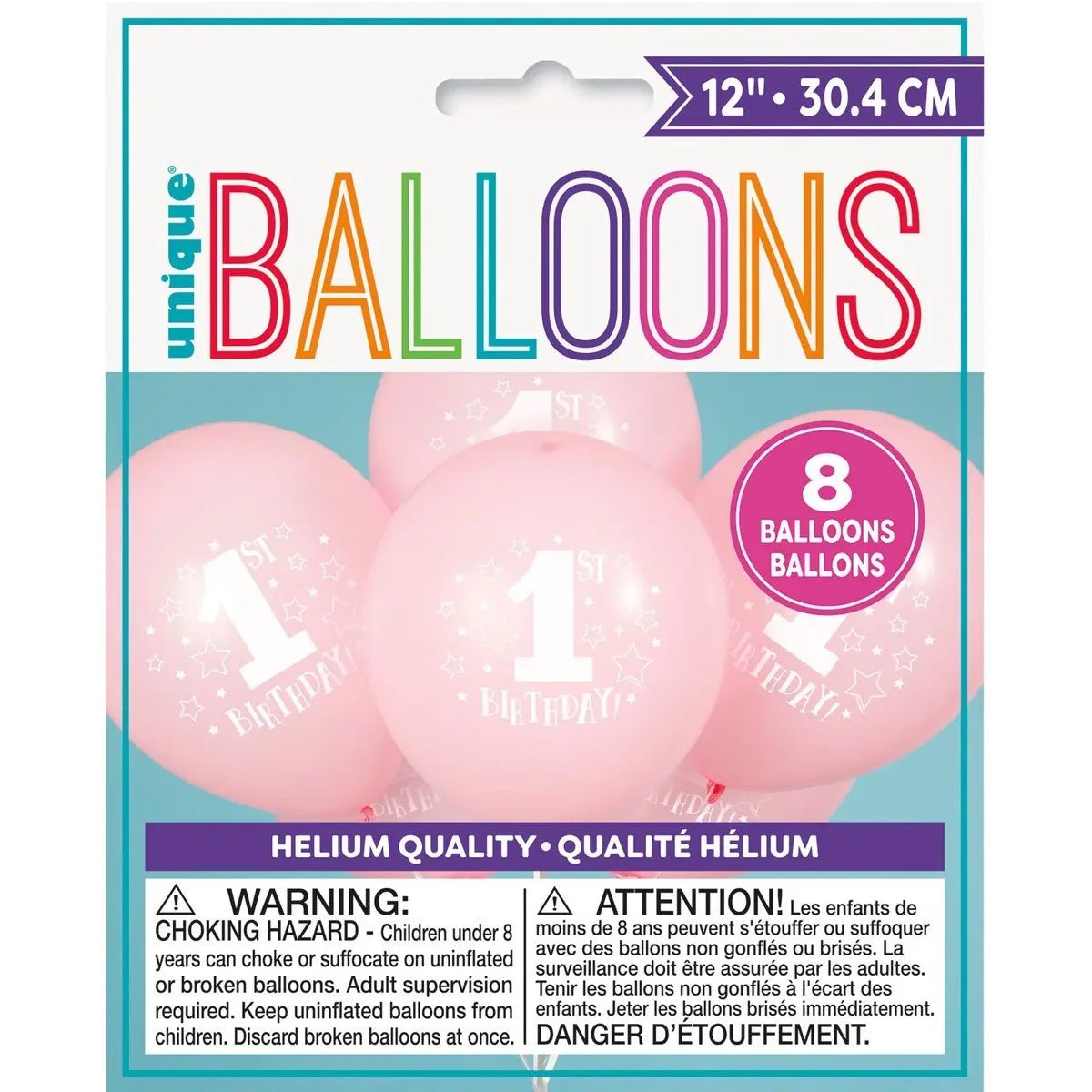 Pink 1st Birthday Stars Latex Balloons 30cm (12") 8pk - NextParty