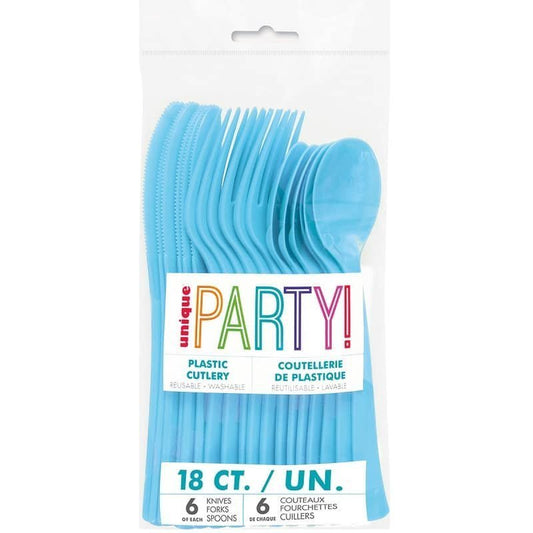 Powder Blue Solid Colour Plastic Assorted Cutlery 18pk Reusable - NextParty