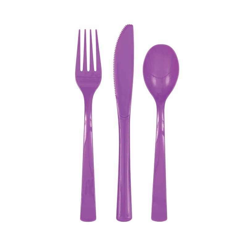 Pretty Purple Solid Colour Plastic Assorted Cutlery 18pk Reusable - NextParty