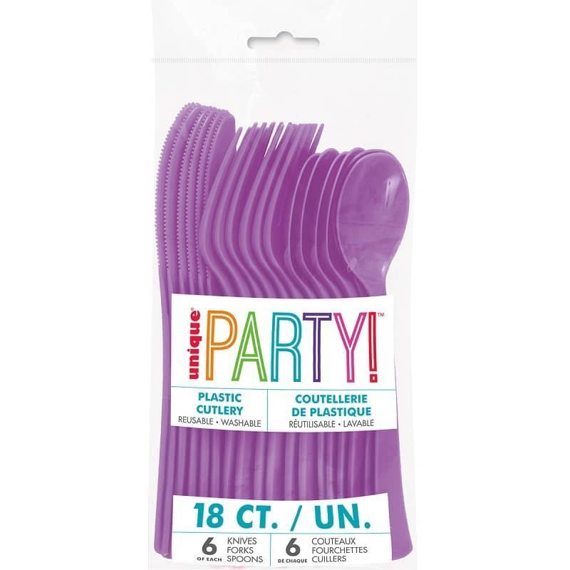 Pretty Purple Solid Colour Plastic Assorted Cutlery 18pk Reusable - NextParty