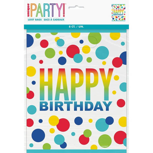 Rainbow Spots Happy Birthday Plastic Party Bags 8pk - NextParty