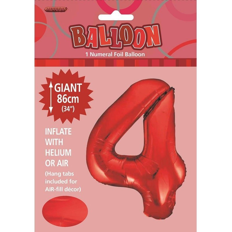 Red Number 4 Giant Numeral Foil Balloon 86cm (34") - NextParty