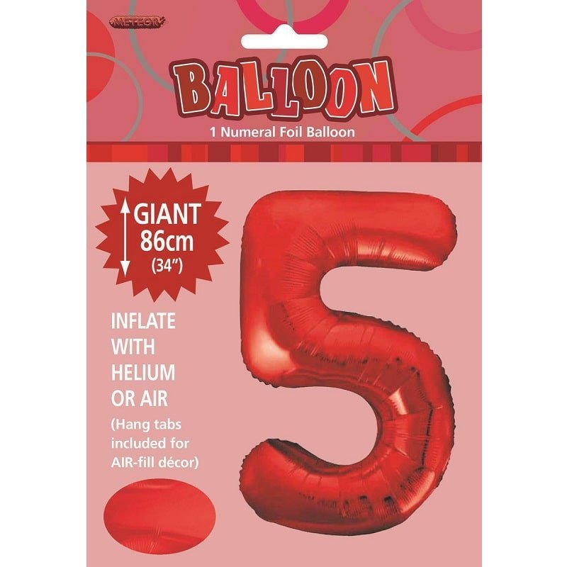 Red Number 5 Giant Numeral Foil Balloon 86cm (34") - NextParty