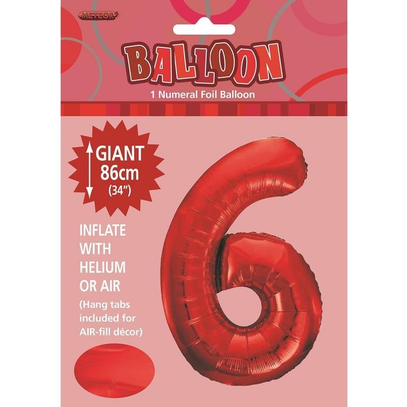 Red Number 6 Giant Numeral Foil Balloon 86cm (34") - NextParty