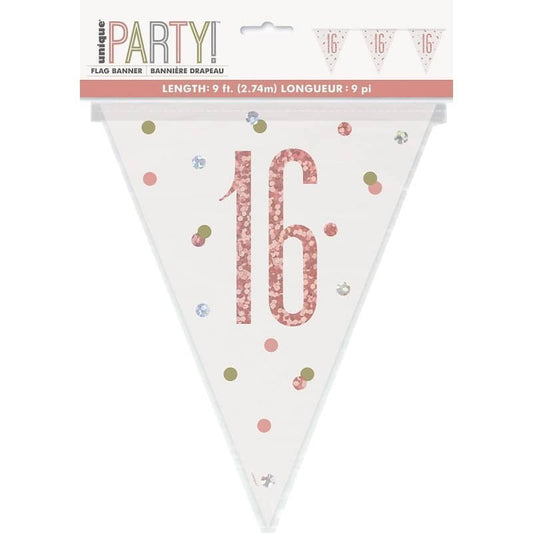 Rose Gold 16th Birthday Prismatic Foil Bunting Flag Banner 2.74m (9') - NextParty